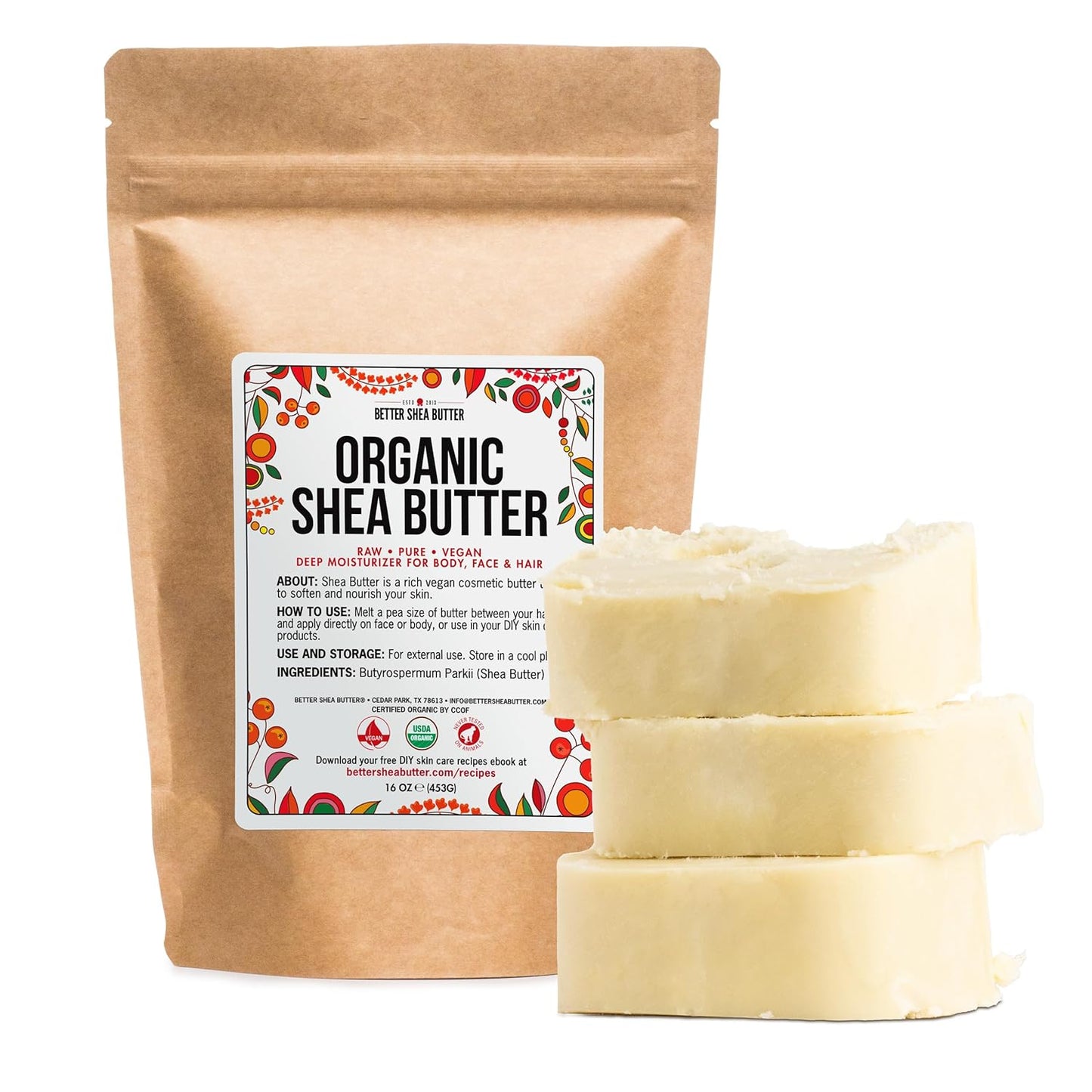 Organic Shea Butter Raw Unrefined | Pure African Shea Butter for Hair & Dry Skin | Natural Face Moisturizer | Body Butter Base for Shea Butter Lotion, DIY Lip Balm and Soap Making Supplies, 1Lb Bar